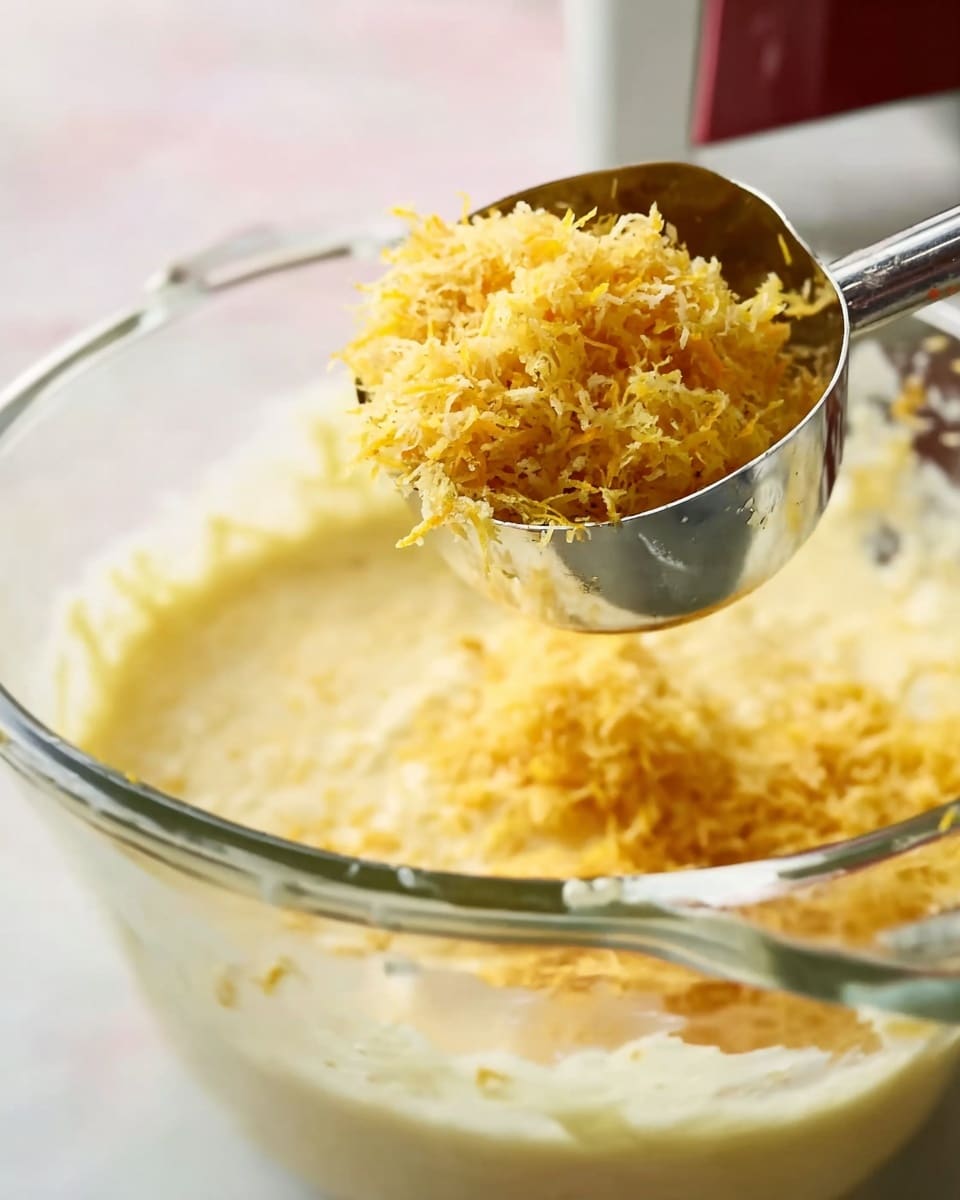 A close-up image shows a metal measuring spoon holding finely shredded yellow-orange zest above a glass mixing bowl. Inside the bowl, there is a creamy, pale yellow mixture with a slightly smooth texture, resting on a white marbled surface. The background has a soft focus with hints of red and reflections on the glass bowl, giving a light and clean kitchen feel. photo taken with an iphone --ar 4:5 --v 7
