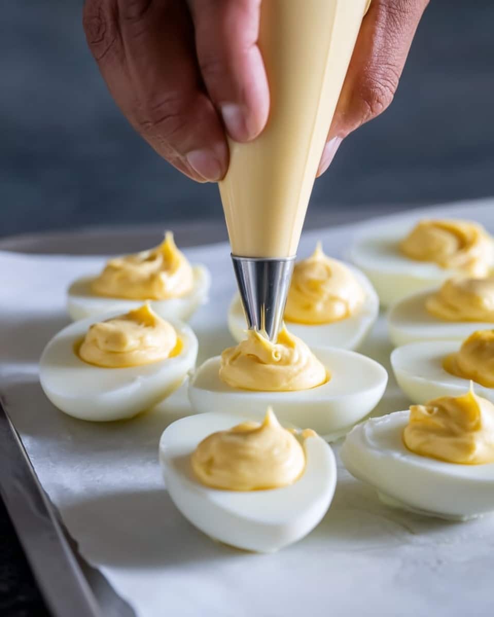 A close-up image shows a man's hand holding a piping bag filled with yellow creamy filling, squeezing it into the hollow centers of halved boiled eggs arranged on a white tray with parchment paper. Each egg half has a smooth, white outer layer of egg white, and the inside is being filled with a thick, pale yellow mixture with a rich, soft texture. The background is dark and out of focus, emphasizing the filling process on the eggs. The white tray sits on a white marbled surface. Photo taken with an iphone --ar 4:5 --v 7
