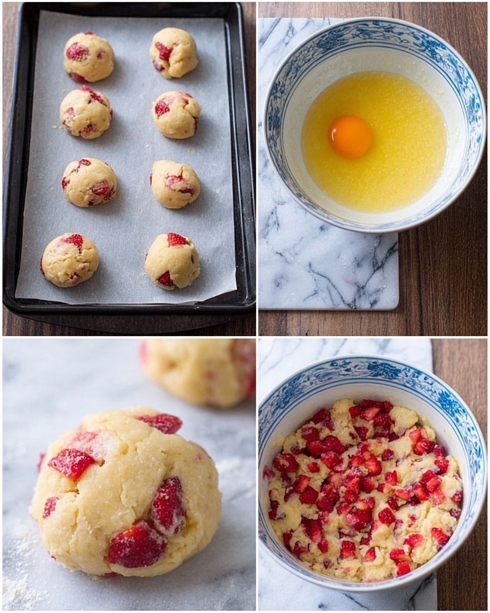 The image shows four scenes of making strawberry cookies. On the left, there is a black baking tray lined with parchment paper holding nine round dough balls filled with red strawberry pieces spaced evenly. On the right, three separate circular images show the mixing process in a white bowl with blue patterns: the top one contains an egg and other wet ingredients, the middle shows partially mixed batter with bright red chopped strawberries on top, and the bottom presents the fully mixed dough with strawberries evenly spread through it. The surface under the bowl is white marbled. photo taken with an iphone --ar 4:5 --v 7