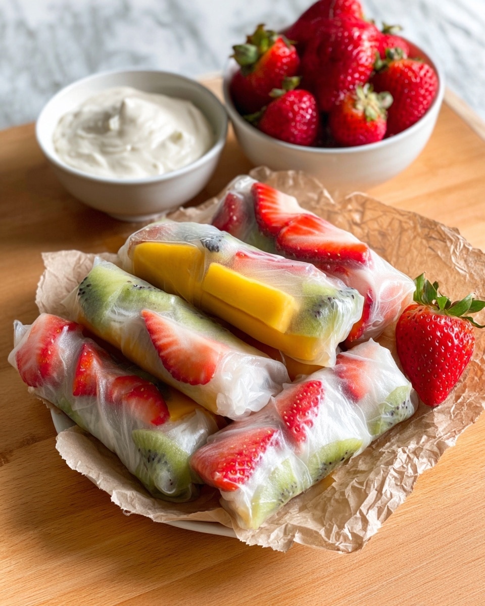 The image shows a white plate filled with fresh fruit spring rolls wrapped in translucent rice paper, revealing layers inside. Each roll contains bright red sliced strawberries, yellow mango slices, and green kiwi pieces in some, with a mix of colors clearly visible through the rice paper. The rolls are laid on crinkled brown wax paper. Near the plate, there is a small white bowl filled with thick white creamy dip, and another white bowl in the background holds whole red strawberries. The setting is on a light wood surface with a white marbled background. Photo taken with an iphone --ar 4:5 --v 7
