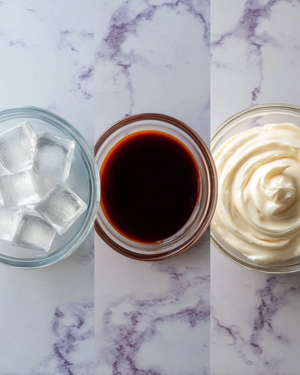 The image shows three small clear bowls arranged in a row on a white marbled surface. The first bowl on the left contains clear ice cubes stacked neatly, showing sharp edges and a shiny texture. The middle bowl holds a dark brown liquid that looks smooth and glossy, filling almost to the top of the bowl. The third bowl on the right is filled with thick, creamy white mixture swirled in a circular pattern, giving it a soft and fluffy texture. Photo taken with an iphone --ar 4:5 --v 7
