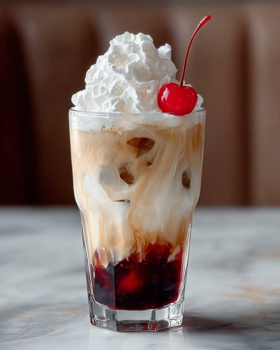 This is a tall clear glass with four layers visible. The bottom layer is a dark red syrup with a thick texture. Above it is an off-white creamy liquid mixed with some light brown coffee swirls that blend into the next layer. There are ice cubes floating inside the drink, mostly visible in the middle layers. The top layer is a large fluffy white whipped cream heap with a bright red cherry with a stem placed on the right side of the whipped cream. The glass sits on a white marbled surface with a soft brown blurred background. photo taken with an iphone --ar 4:5 --v 7