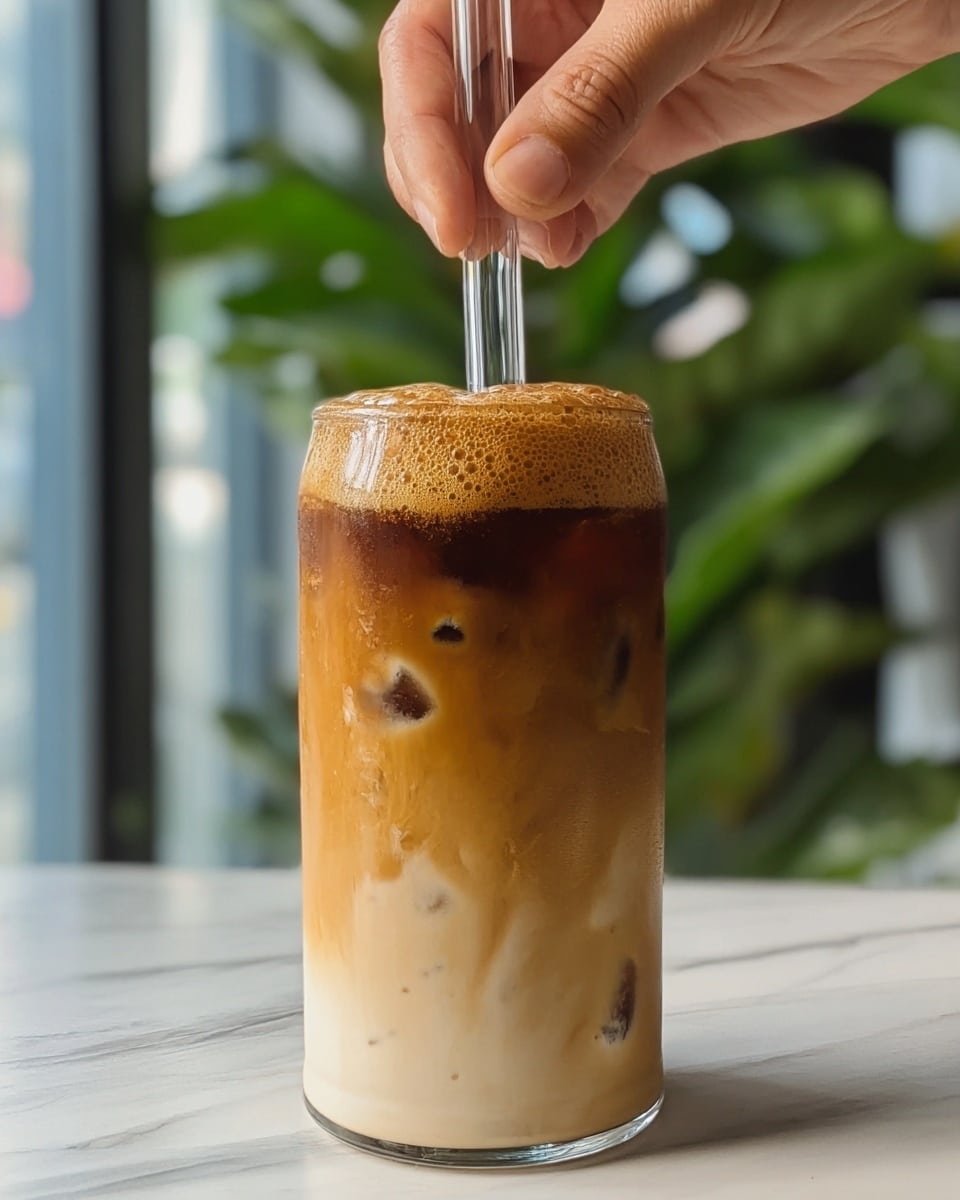 A tall clear glass filled with three visible layers: the bottom layer is pale beige iced milk with dark ice cubes inside; the middle layer shows a soft swirl of light brown coffee mixing into the milk; the top layer is thick, frothy dark brown coffee foam bubbling over the rim. A woman's hand holds a clear straw that is pressed down into the foam. The glass is placed on a white marbled surface, with blurred green leaves and a window in the background. Photo taken with an iphone --ar 4:5 --v 7