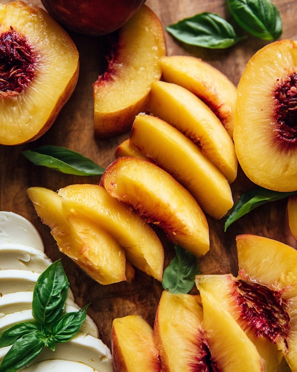 The image shows yellow peaches that are sliced into thick, even wedges, fanned out to reveal their reddish-brown pits in the center. The peaches are placed on a wooden board, with a few green basil leaves scattered around them for color contrast. At the bottom of the image, there are soft white cheese wedges layered neatly with green basil leaves on top. The photo is bright and clear, taken from above, with a rustic yet fresh look. photo taken with an iphone --ar 4:5 --v 7