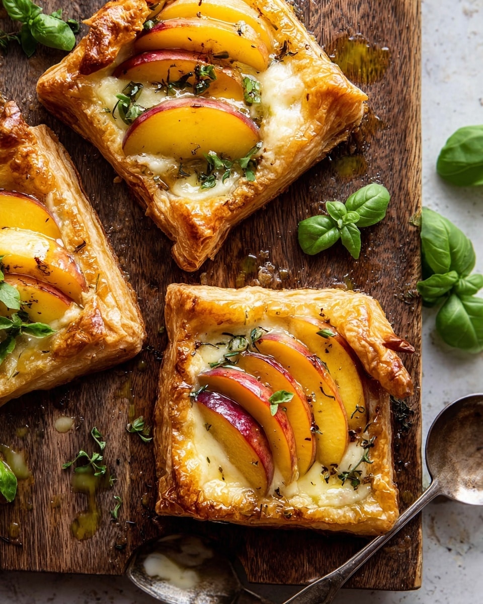The image shows square puff pastry tarts with a golden brown, crispy, and flaky crust as the base layer. On top, there is a layer of creamy melted cheese, covered by thin, yellow-orange slices of cooked peach arranged in a slightly overlapping pattern. The peaches have some red blush marks, giving a ripe and juicy look. Fresh green basil leaves are scattered on and around the tarts, adding a fresh color contrast. The tarts are placed on a dark wooden board with some oil drizzled around and a silver spoon beside them. The background is changed to a white marbled texture. Photo taken with an iphone --ar 4:5 --v 7