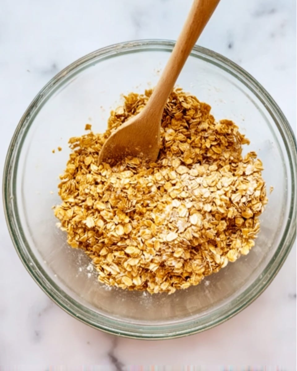 A clear glass bowl sits on a white marbled surface, containing one layer of golden brown oats mixed with small bits that look slightly sticky and textured. Inside the bowl, a wooden spoon stands upright, partially buried in the oat mixture with some oats sticking to its rounded surface. The oats are unevenly spread but mostly gathered in the center with some stray bits around the edges. The overall look is simple, dry but with a slight shine on some oat pieces photo taken with an iphone --ar 4:5 --v 7