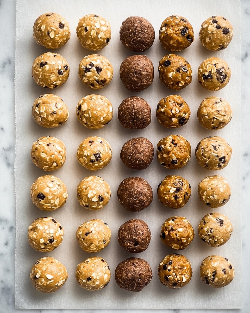 The image shows five rows of round cookie dough balls placed neatly on a sheet of parchment paper over a white marbled surface. Each row has a mix of two types of dough balls: a lighter beige dough with visible oats and chocolate chips or raisins, and a darker brown dough with oats and small white nut pieces. The dough balls are evenly spaced, with the lighter dough looking soft and chunky while the darker dough has a firm, slightly shiny texture. The overall scene is bright and clean, highlighting the contrast between the two dough colors. photo taken with an iphone --ar 4:5 --v 7