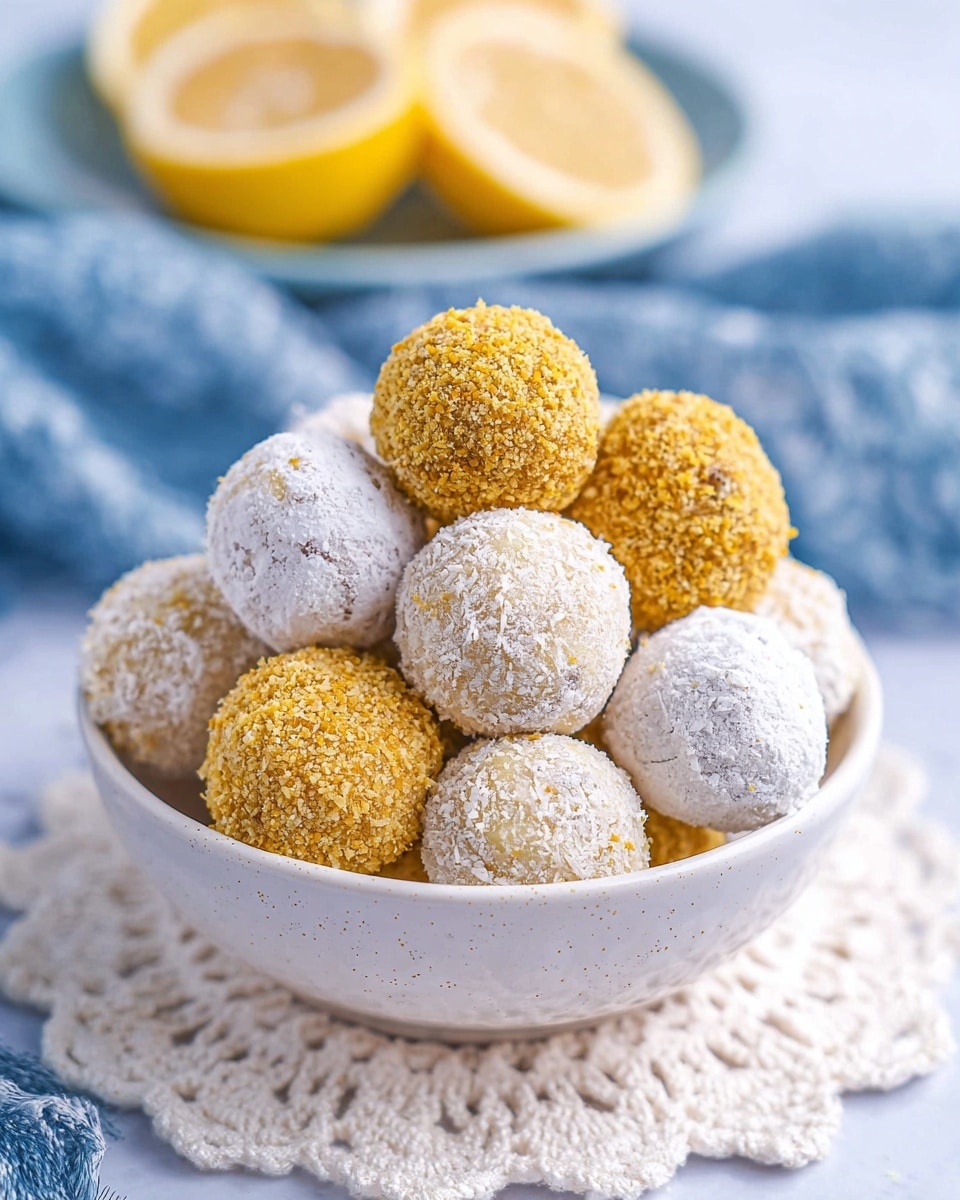 A white bowl filled with round balls that have two different coatings: some are covered in a fine white powder with a slightly rough texture, and others are coated in a golden-yellow crumbly layer. The balls are stacked up to fill the bowl, showing a mix of both colors throughout. The bowl sits on a white crocheted doily on a white marbled surface with a blue and white cloth in the background, and there are blurred lemon halves on a plate behind the bowl. Photo taken with an iphone --ar 4:5 --v 7