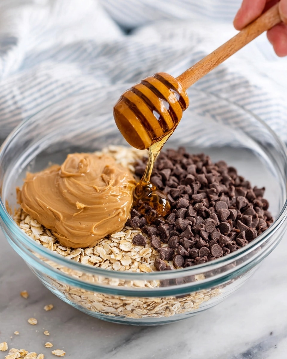 A clear glass bowl holds three main layers: a smooth light brown peanut butter dollop on the left, a pile of dark brown small chocolate chips on the right, and light beige rolled oats covering the bottom front half. Above the bowl, a woman's hand holds a wooden honey dipper, golden honey slowly dripping from it into the bowl. The bowl sits on a white marbled surface, with a white and blue striped cloth blurred in the background. Photo taken with an iphone --ar 4:5 --v 7