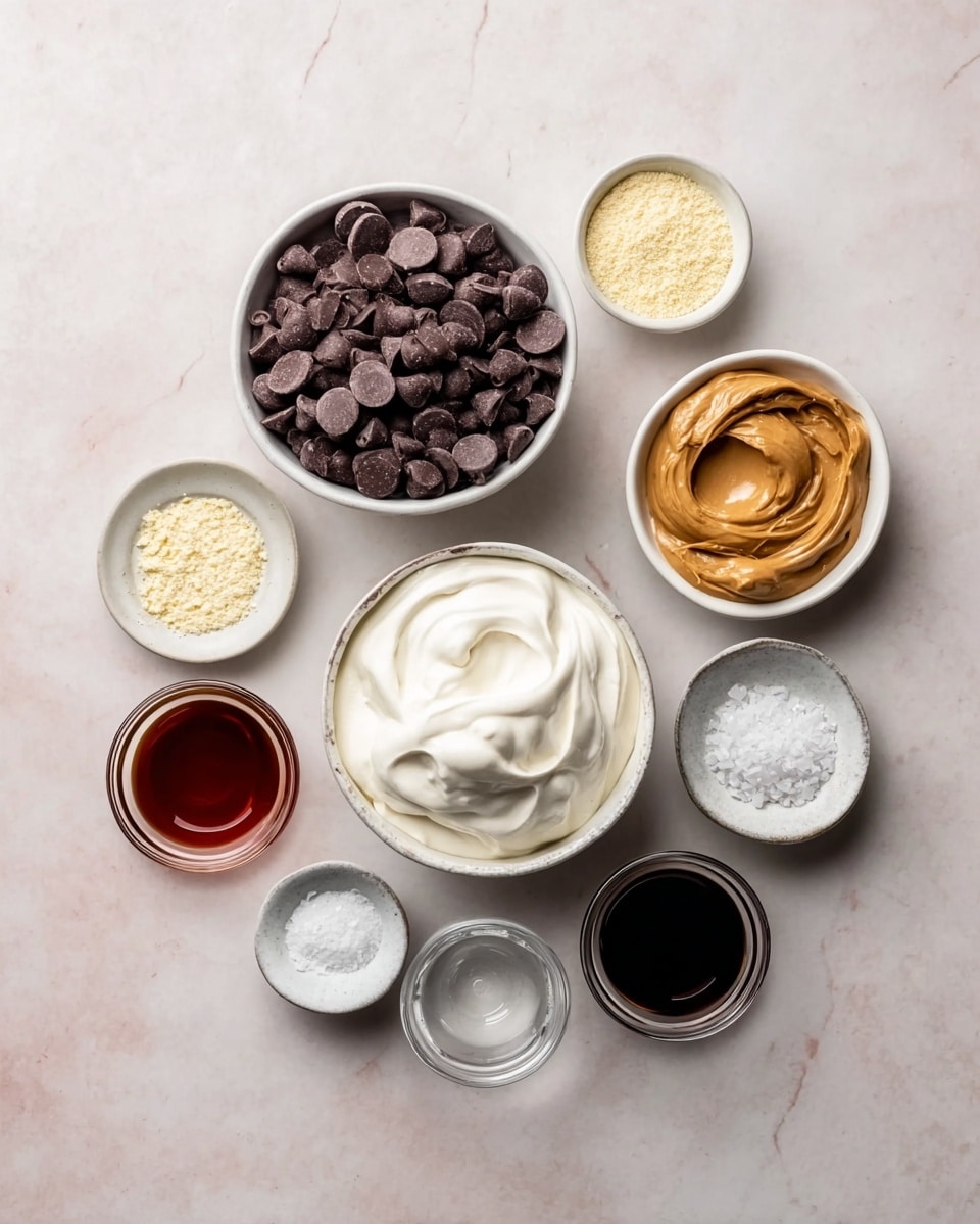 The image shows eight small white bowls and one larger white bowl arranged on a white marbled surface. The largest bowl in the lower center is filled with smooth white cream. Above it to the left is a medium bowl full of dark chocolate chips, round and shiny. To the right of the chocolate bowl is a small bowl filled with tan creamy peanut butter, showing smooth swirls. Above the peanut butter is another small bowl filled with light yellow powder. To its left is a tiny bowl with a dark reddish-brown liquid. Below the chocolate chips is a small bowl with coarse white crystals, likely salt, and a smaller bowl next to it with dark liquid, possibly vanilla extract. In the center is a small glass of clear liquid, probably water. The bowls are evenly spaced in a neat arrangement, with a soft light highlighting the textures. Photo taken with an iphone --ar 4:5 --v 7