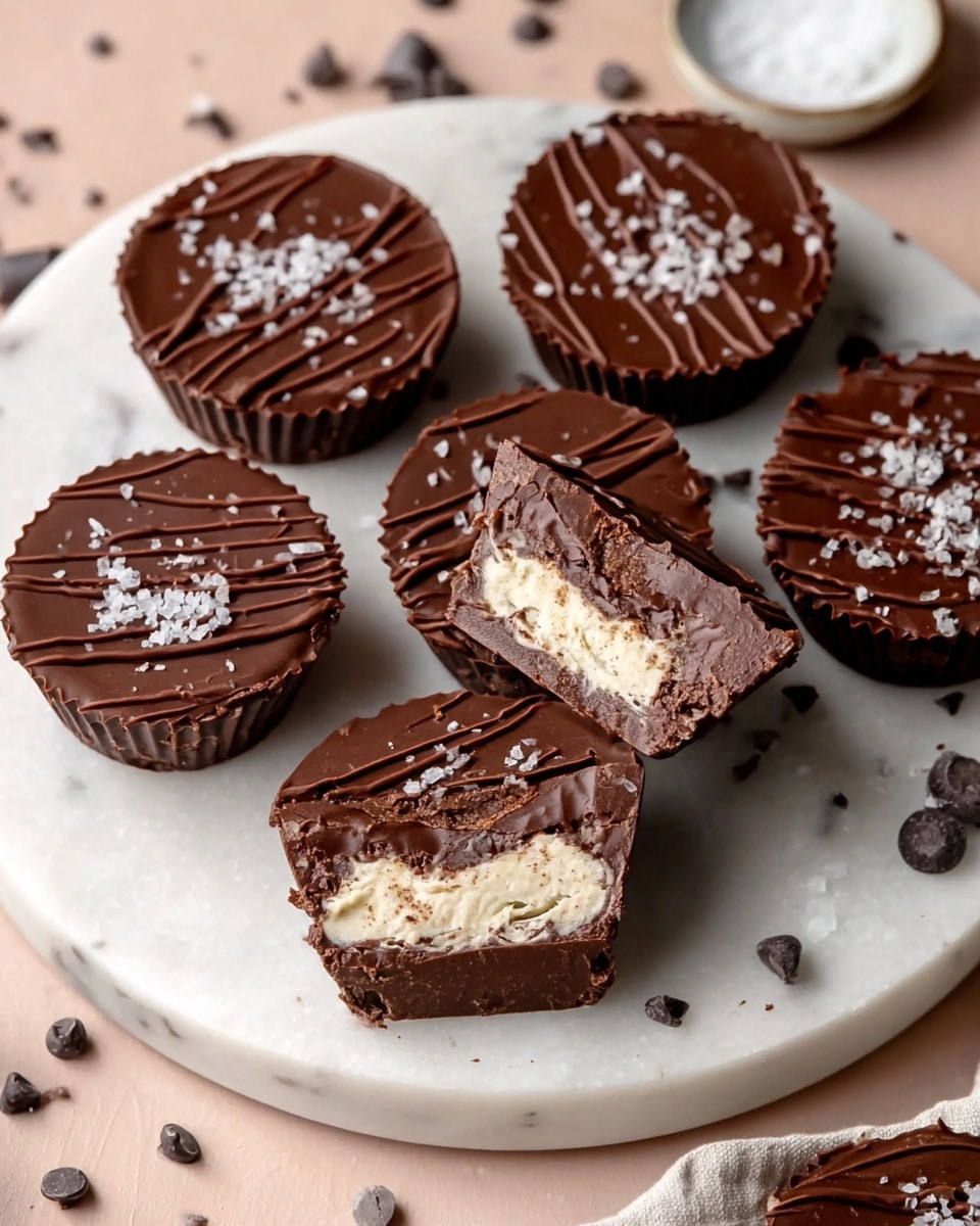 There are seven chocolate cups placed on a round white marble surface with one chocolate cup cut in half to show the inside layers. Each chocolate cup has a dark chocolate outer shell layer with a smooth texture and is decorated on top with thin lines of milk chocolate and sprinkled with flakes of sea salt. Inside, there is a creamy white filling with some dark bits mixed in. Around the round surface, there are scattered dark chocolate chips, and a white bowl with sea salt is placed nearby on the same white marbled texture. The top layers of the cups are smooth and shiny with a rich dark brown color photo taken with an iphone --ar 4:5 --v 7