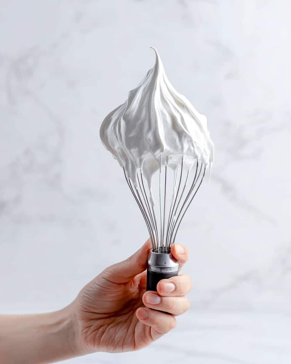 A woman's hand holds a silver wire whisk coated with thick, fluffy white whipped cream that peaks at the top, with some cream dripping slightly along the wires. The background and surface are a white marbled texture, creating a clean and bright setting. Photo taken with an iphone --ar 4:5 --v 7