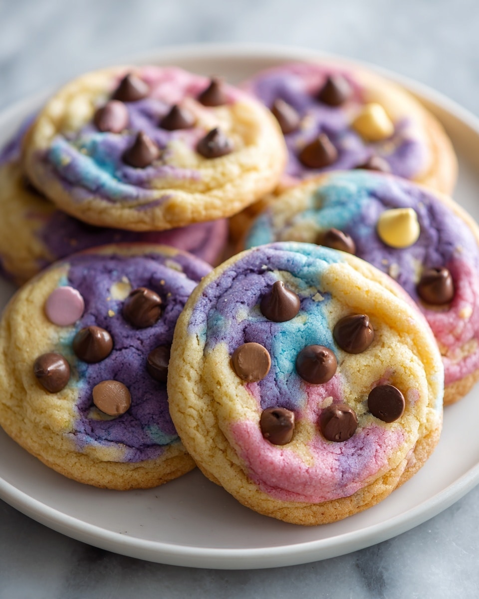 The image shows a white plate filled with eight round cookies, each with a smooth, soft surface that has swirls of pastel colors like pink, purple, yellow, and blue unevenly spread throughout the cookie dough. On top of each cookie, there are small, round chocolate chips scattered, along with a few blue and pink candy-coated pieces randomly placed. The cookies have a slight golden brown edge, indicating they are baked. The plate rests on a white marbled surface, and the cookies are closely arranged, filling the plate. Photo taken with an iphone --ar 4:5 --v 7