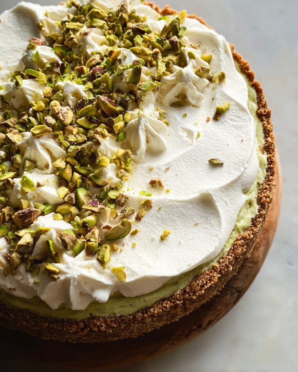 This image shows a close-up of a round pie with three visible layers. The bottom layer is a thick, crumbly brown crust with a rough texture. Above the crust is a smooth pistachio-green filling, evenly spread. The top layer is a thick, fluffy white cream spread over the filling with soft swirls. On one side of the cream, chopped green and brown pistachio pieces are sprinkled in a curved band. The pie sits on a white marbled surface. photo taken with an iphone --ar 4:5 --v 7