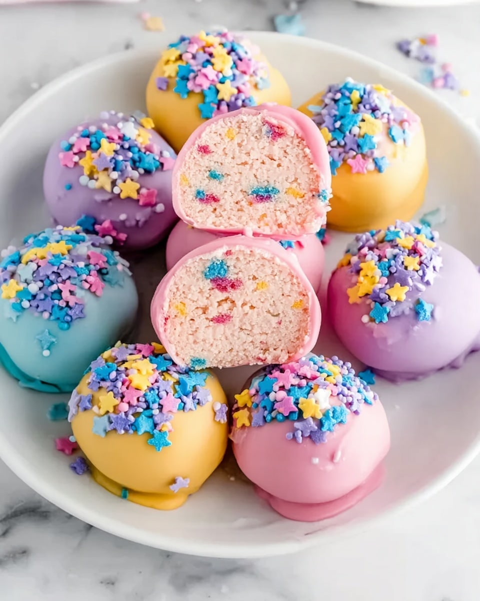 A white plate is full of colorful round cake balls coated in smooth pastel-colored icing in shades of light pink, baby blue, bright yellow, and soft purple. Each cake ball is topped with an assortment of small, bright sprinkles in blue, pink, purple, white, and yellow star shapes. One cake ball is cut in half and placed on top, showing a dense, pale pink inside with small colorful sprinkles mixed within. The plate sits on a white marbled surface. photo taken with an iphone --ar 4:5 --v 7