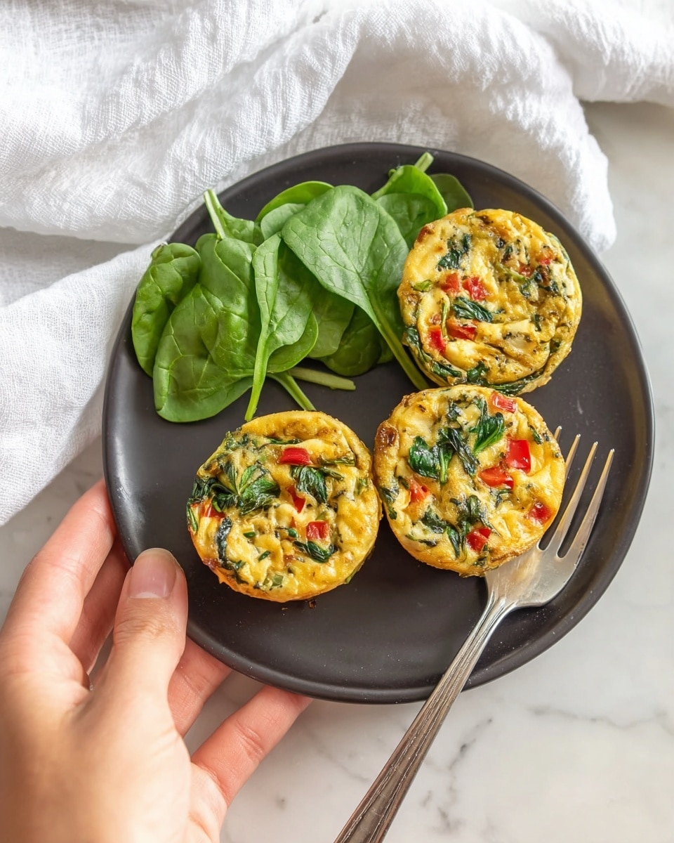 A white plate holds three small, round egg muffins with visible pieces of green spinach and red bell pepper mixed inside, giving them a colorful and textured look. On the left side of the plate, there is a small pile of fresh green leafy spinach. A silver fork rests on the right side of the plate. A woman's hand is gently holding the edge of the plate. The plate is set on a white marbled surface with a white cloth in the background. Photo taken with an iphone --ar 4:5 --v 7