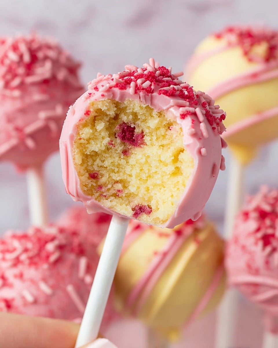 A close-up of a pink cake pop held by a woman's hand shows a soft yellow cake with red berry bits inside. The cake pop has one thick outer layer of smooth pink coating with small rectangular pink sprinkles on top. In the background, more cake pops with yellow and pink smooth coatings topped with red berry crumbs are placed on a white marbled surface. The whole scene focuses on the texture and colors of the cake pops, making them look fresh and tasty photo taken with an iphone --ar 4:5 --v 7