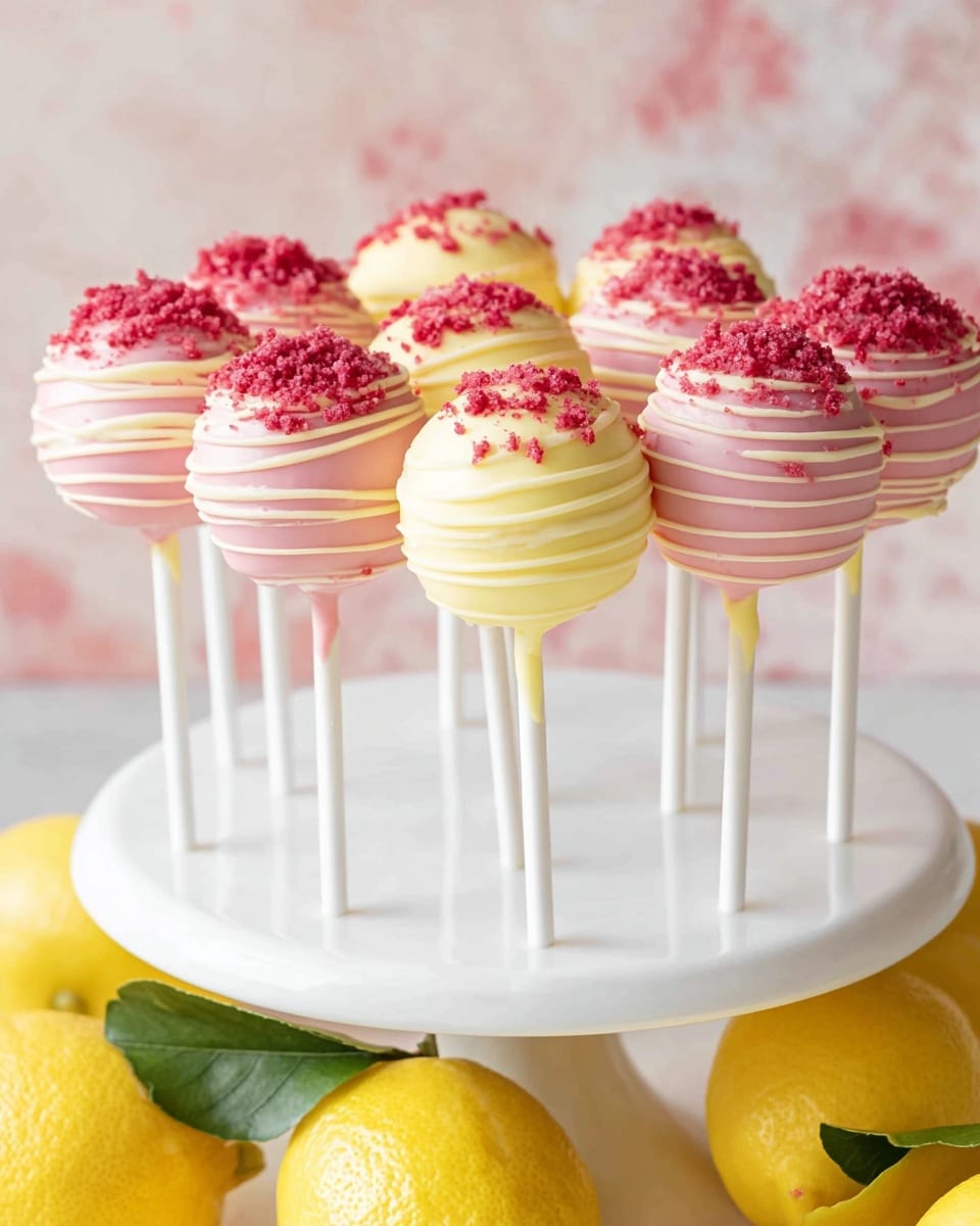 The image shows a group of cake pops held upright by white sticks arranged on a white stand. Each cake pop has two main layers with a smooth, drip texture. The inner layer is either a light pink or a pale yellow color, while the outer layer is a matching pink or yellow frosting applied in horizontal ridges. On top of each cake pop, there are small, crumbly bright red sprinkles that look like crushed berries. The background and surface under the stand have a white marbled texture, and in the front, there are fresh yellow lemons with green leaves. The lighting makes the colors bright and soft. Photo taken with an iphone --ar 4:5 --v 7
