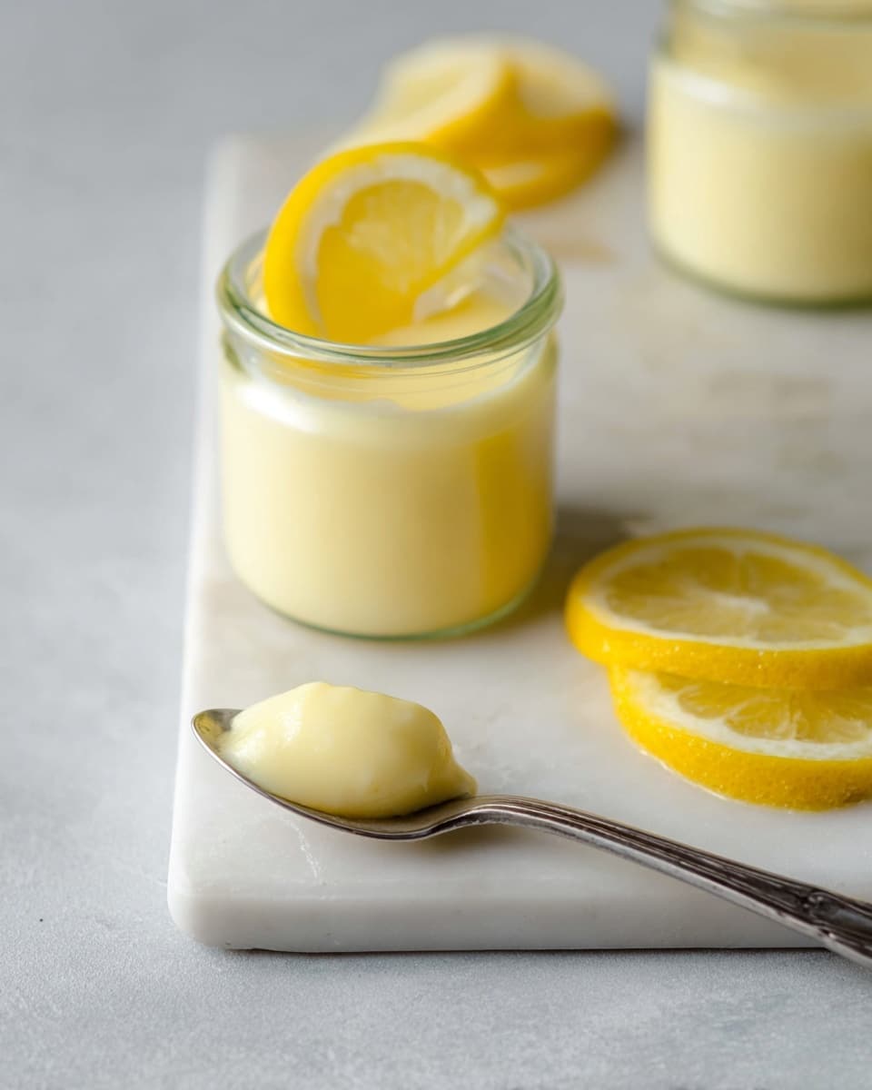 The image shows a close-up of a shiny silver spoon holding a small dollop of pale yellow creamy lemon curd with a smooth texture. The spoon rests on the edge of a white marbled surface. Behind it, there is a small clear glass jar filled halfway with the same lemon curd, topped with a thin yellow lemon slice. Next to the jar, two bright yellow lemon slices lie flat on the white marbled surface. Another jar of lemon curd is blurred in the background. The photo taken with an iphone --ar 4:5 --v 7