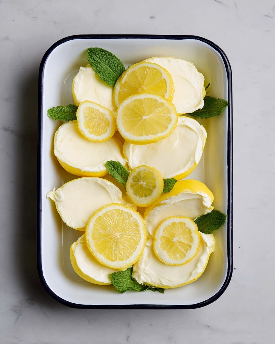 A white rectangular dish with a black rim holds eight lemon halves filled with smooth, pale yellow cream, each topped with a thin slice of lemon. The lemon halves are arranged in a circular pattern around three flat lemon slices placed at the center of the dish. Bright green mint leaves are tucked under some lemon halves on the edges, adding a fresh touch. The smooth, creamy texture contrasts with the bright yellow of the lemon rind and slices, all set on a white marbled surface. Photo taken with an iphone --ar 4:5 --v 7
