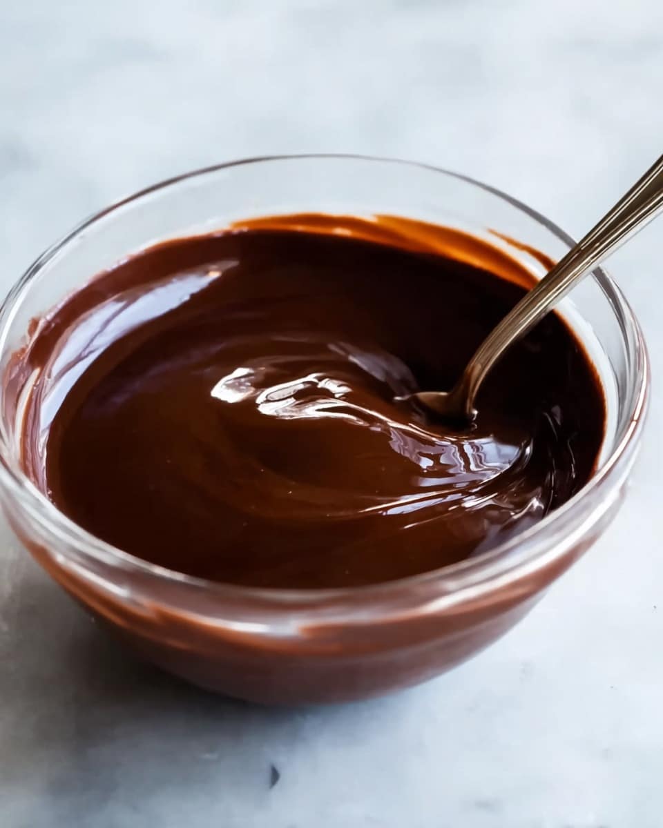 A clear glass bowl sits on a white marbled surface, filled with a rich, smooth, dark brown chocolate sauce. The sauce has a shiny, thick texture, swirling lightly in the bowl. A silver spoon rests inside the bowl, coated with the chocolate, held partially above the bowl as if recently stirred. The background is softly blurred, keeping focus on the glossy chocolate and the spoon. photo taken with an iphone --ar 4:5 --v 7