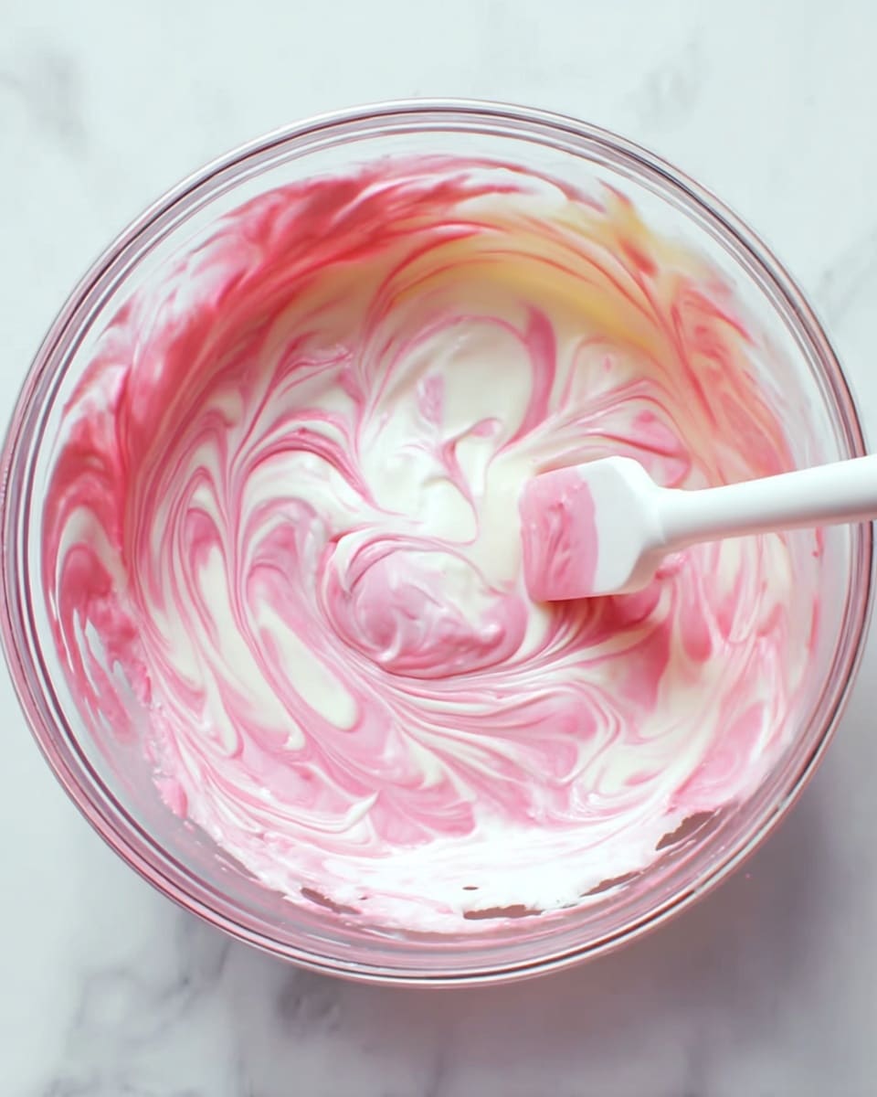 A clear glass bowl filled with a creamy mixture of white and pink swirls, creating a soft, marbled texture throughout. A white spatula is partially submerged in the mixture, with some of the pink blending into the white in the center of the bowl. The bowl sits on a white marbled surface, enhancing the bright and smooth look of the creamy dessert mix. photo taken with an iphone --ar 4:5 --v 7