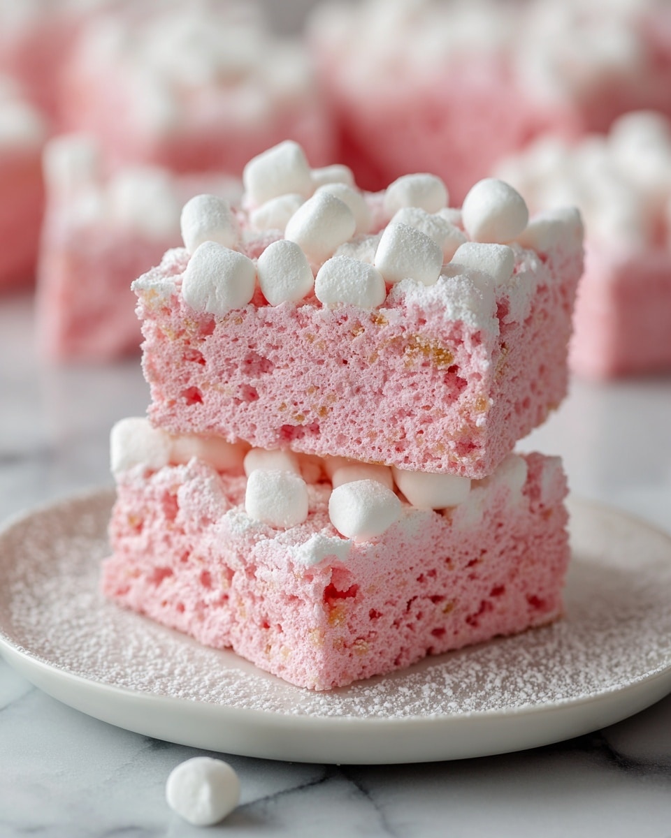 The image shows a close-up of three stacked pink and white meringue cookies on a round white plate with a gold rim, set on a white marbled surface. Each cookie has two layers: the bottom layer is a smooth, shiny, pale pink base with a slightly rough texture, while the top layer is white with puffed, rounded dollops creating a bumpy surface, sprinkled with small pink sugar pearls. The edges of the cookies are slightly uneven, and there is powdered sugar dusted around the base on the plate. In the blurry background, more pink and white meringue cookies are visible. Photo taken with an iphone --ar 4:5 --v 7