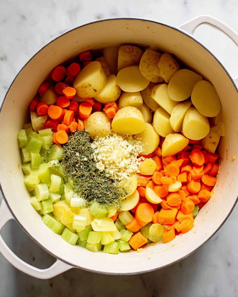 Inside a white pot, there is a colorful mix of chopped vegetables layered loosely. The bottom layer shows slices of bright green celery and orange carrots, cut into small circles. On top, there are roughly chopped yellow potatoes scattered unevenly across the center and right side. Toward the bottom left, a small pile of dried green herbs rests plainly. Near the middle, a small heap of finely minced white garlic sits on the potatoes. The pot is set on a white marbled surface, visible around its edges. photo taken with an iphone --ar 4:5 --v 7
