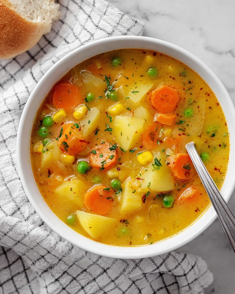 A white bowl filled with creamy soup containing three visible layers: large yellow potato chunks, bright orange carrot slices, and small green peas, all mixed in a thick light yellow broth with small herb flakes scattered throughout; finely chopped green herbs are sprinkled on the top for decoration, and a silver spoon with an engraved handle is placed inside the bowl. The bowl rests on a white cloth with a black grid pattern, placed on a white marbled surface; at the top left corner, two toasted bread slices with a golden brown crust edge can be seen. photo taken with an iphone --ar 4:5 --v 7