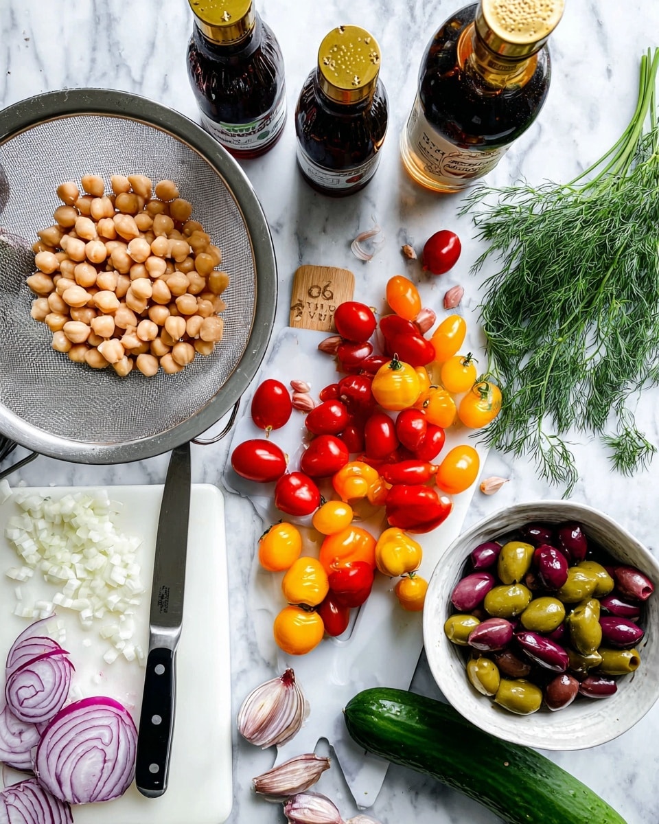 A top view of salad ingredients spread on a white marbled surface, including a metal strainer filled with light beige chickpeas on the left, sliced red onion pieces and a knife on a small white cutting board below, vibrant yellow and red grape tomatoes, some whole and some sliced in half, scattered next to a sprig of fresh green dill. To the right is a white bowl filled with mixed dark and light olives sitting near more dill. Near the bottom, there is a long dark green whole cucumber. Two dark glass bottles with yellow caps, likely olive oil and red wine vinegar, stand near the top center. All ingredients are brightly colored and fresh looking, with sharp focus and even light. Photo taken with an iphone --ar 4:5 --v 7