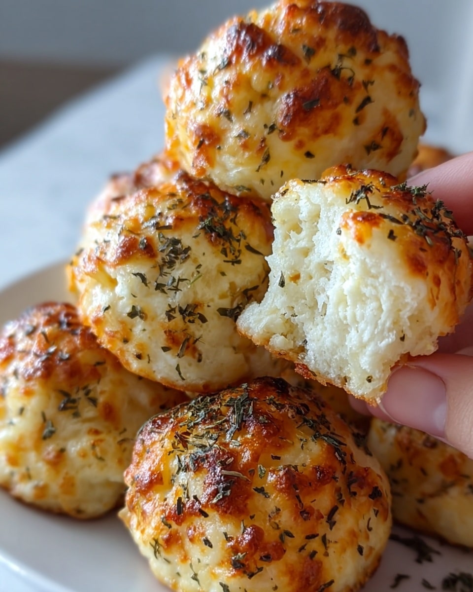 Several round, golden-brown baked cheese balls with a crunchy, bubbly textured top sprinkled with dark green herbs are shown. The interior is soft and white with a moist, airy texture visible from the cut piece held by a woman's hand. The cheese balls are stacked on a white plate, all set on a white marbled surface. The photo focuses closely on the cheese ball being held, showing detailed crispiness and herb toppings. photo taken with an iphone --ar 4:5 --v 7