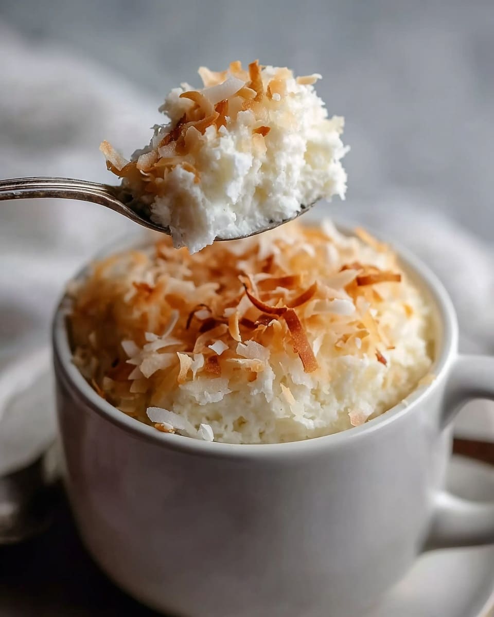The image shows a small white mug filled with a light, fluffy dessert topped with golden toasted coconut flakes. A spoon holds a scoop of the dessert above the mug, revealing the soft, airy white texture inside. The toasted coconut pieces on top add a crispy, golden-brown layer contrasting with the smooth white dessert beneath. The background is softly blurred with a white marbled texture underneath. photo taken with an iphone --ar 4:5 --v 7