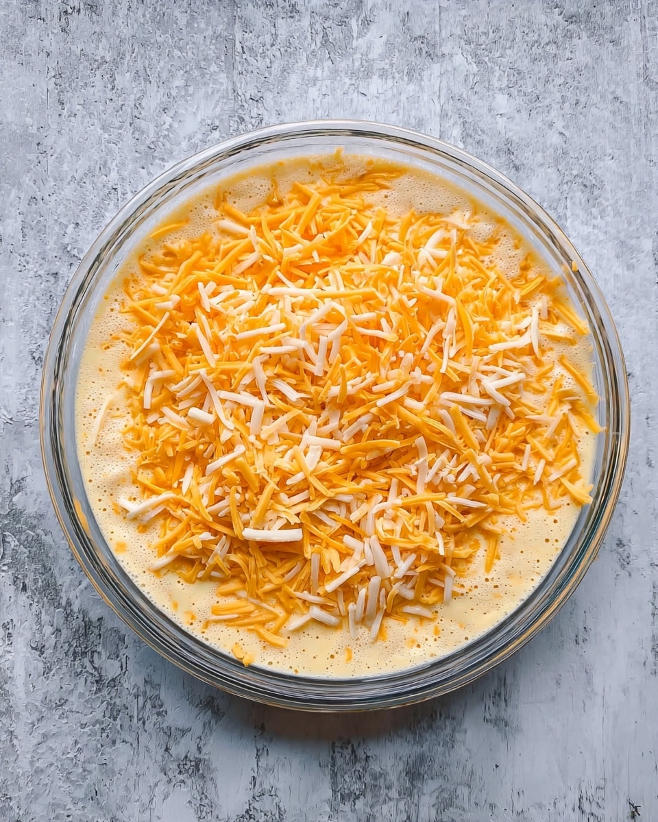 A clear glass round dish holds a mixture with two visible layers. The bottom layer is a pale yellow creamy liquid with a smooth, slightly frothy texture. On top, there is a layer of shredded cheese in two colors: mostly bright orange cheddar cheese and some white cheese shreds scattered evenly. The dish is set on a white marbled surface. photo taken with an iphone --ar 4:5 --v 7