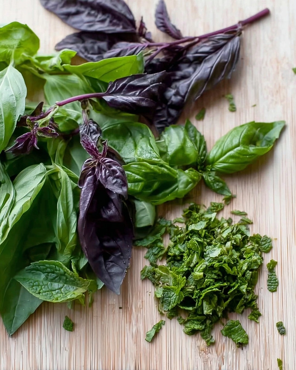 The image shows fresh green and dark purple basil leaves arranged loosely on a light wooden surface. There is a pile of small, finely chopped bright green mint leaves in the bottom right corner and another small pile of loosely chopped basil leaves to the right side of the image. The textures of the leaves are clear, with some leaves smooth and others showing veins and slight crinkles. The colors are vibrant against the light wood background. Photo taken with an iphone --ar 4:5 --v 7