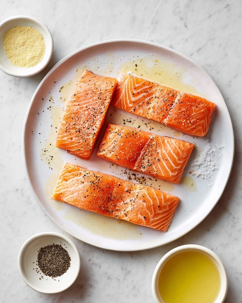 Four pieces of raw orange salmon fillets with white fat lines lie flat on a round white plate. Each piece is topped with sprinkled black pepper and light-colored seasoning. Drops of oil reflect softly around the fillets. Above the plate, two small white bowls hold light yellow powder and a mix of black pepper and white salt. At the bottom, a white bowl contains pale yellow oil. All sit on a white marbled surface. Photo taken with an iphone --ar 4:5 --v 7