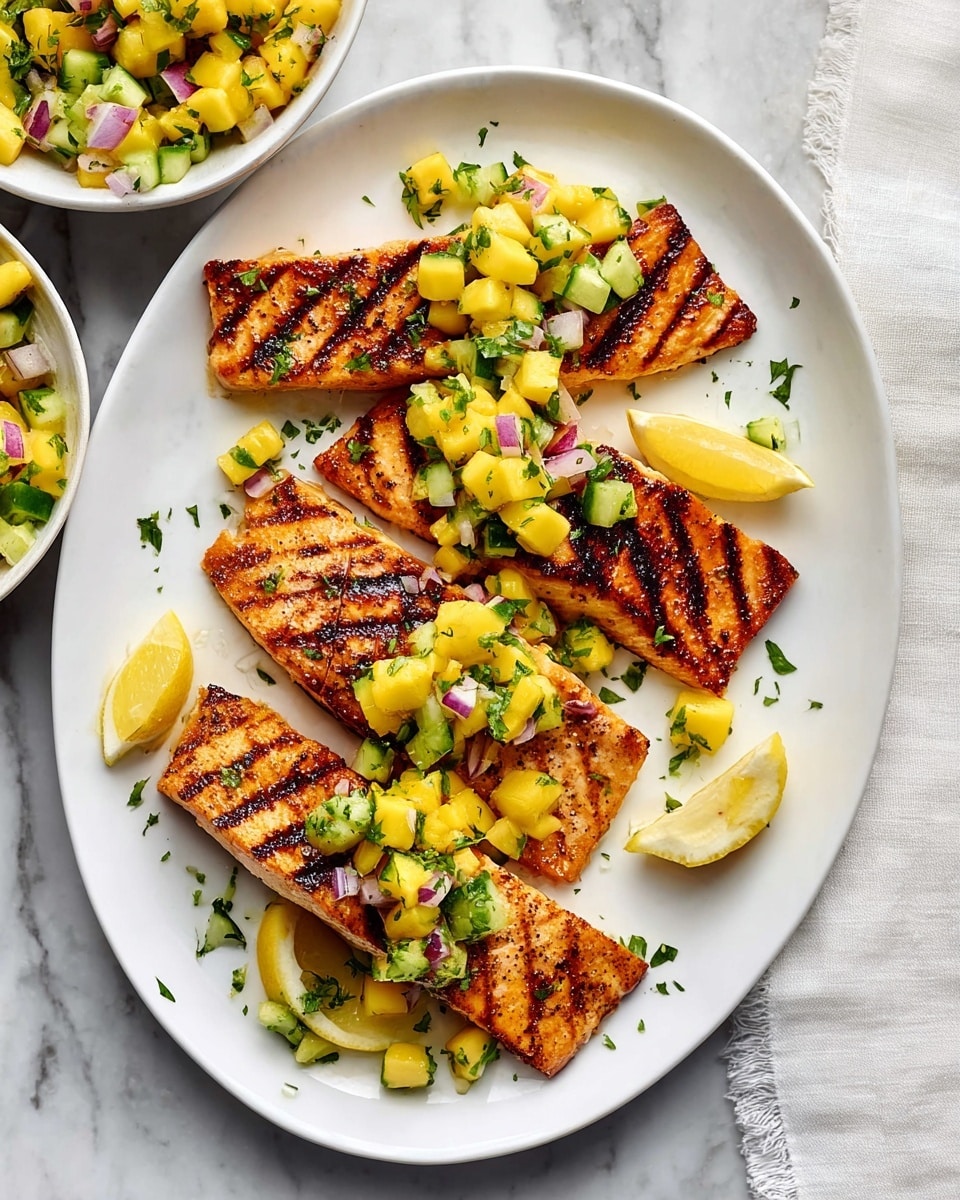 On a white plate, four pieces of grilled salmon are arranged in a slightly overlapping row, each with dark grill lines and a golden-brown sear. On top of each salmon piece is a chunky yellow mango salsa mixed with small green cucumber, red onion, and chopped parsley, adding bright colors and texture. Two lemon wedges are placed on the plate, one near the top left and the other near the bottom center, adding a fresh yellow accent. The plate sits on a white marbled surface, with part of a white cloth napkin visible in the upper right corner, and a bowl with more mango salsa is partly seen at the top left corner. photo taken with an iphone --ar 4:5 --v 7