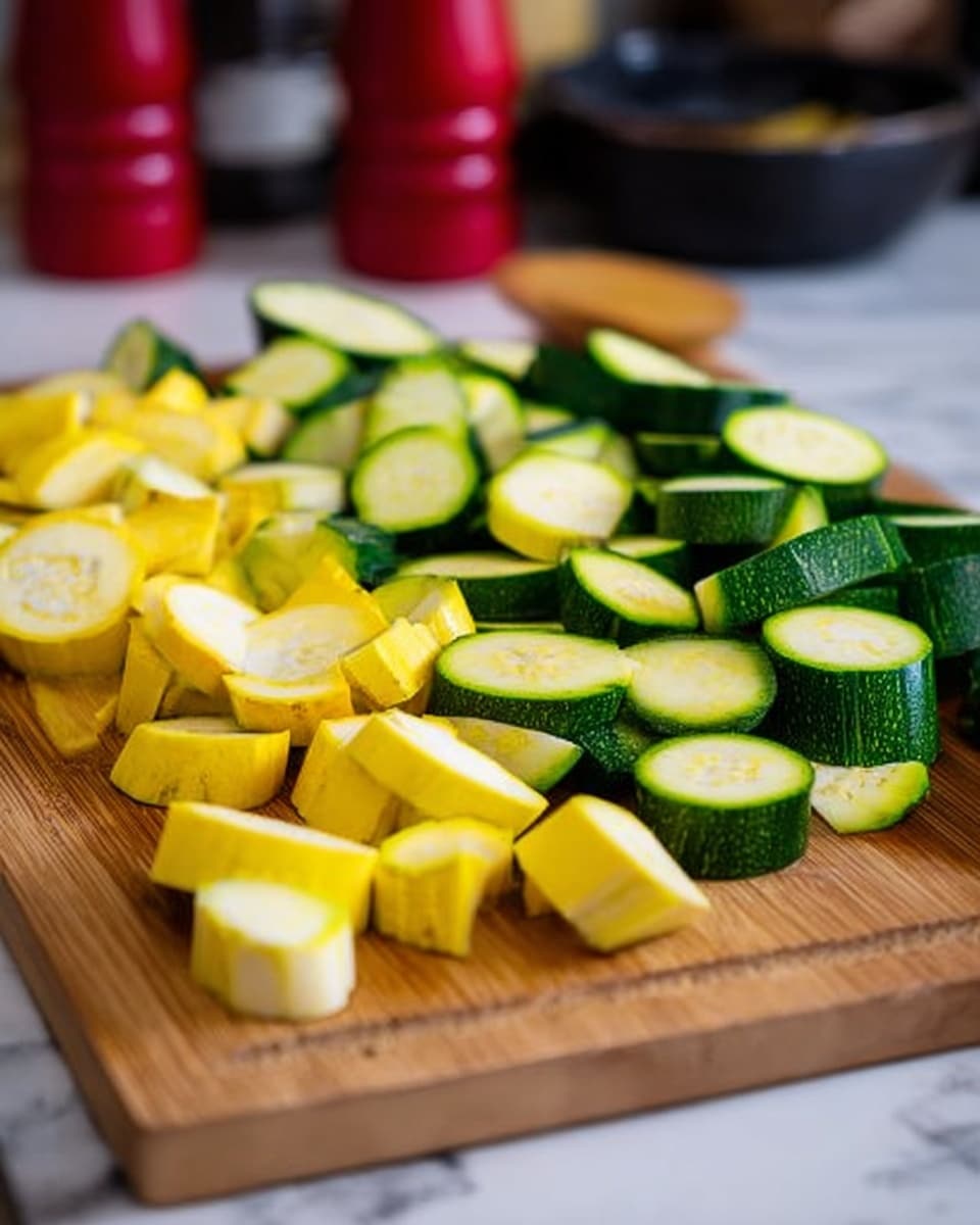 The image shows a wooden cutting board on a white marbled surface with chopped green zucchini and yellow squash arranged side by side. The pieces are cut into thick small rounds and half-moon shapes, showing smooth skin and pale inside. The colors are fresh and bright green and yellow. In the background, there are blurred kitchen items in dark and red colors. Photo taken with an iphone --ar 4:5 --v 7