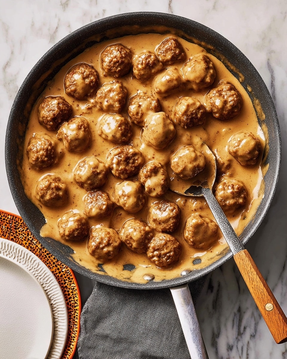 A frying pan filled with many small round meatballs covered in a thick, creamy, light brown sauce. The sauce has a smooth texture, coating each meatball evenly. A metal spoon with a wooden handle rests inside the pan, scooping some meatballs and sauce. The pan sits on a white marbled surface, next to a white plate with an orange and black patterned rim and a folded gray cloth. Photo taken with an iphone --ar 4:5 --v 7