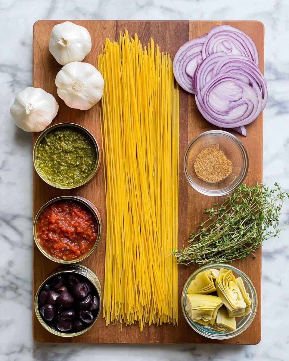 A wooden cutting board sits on a white marbled surface, holding uncooked yellow spaghetti noodles spread in a flat layer in the center. To the top right are thin, curved slices of purple onion arranged neatly in a small fan shape, with a small glass bowl of light brown ground spice next to them. Two whole garlic bulbs rest on the top left and bottom left corners of the board. Below the spaghetti, three open cans are arranged in a row: one with green pesto sauce, one with chunky red tomato sauce, and the last with whole black olives. Next to the olives, there is an open can with pale yellow artichoke hearts. To the right of the artichokes, a small glass bowl filled with green fresh herb leaves is placed. A few sprigs of fresh thyme peek out from behind the garlic on the left edge. The photo taken with an iphone --ar 4:5 --v 7