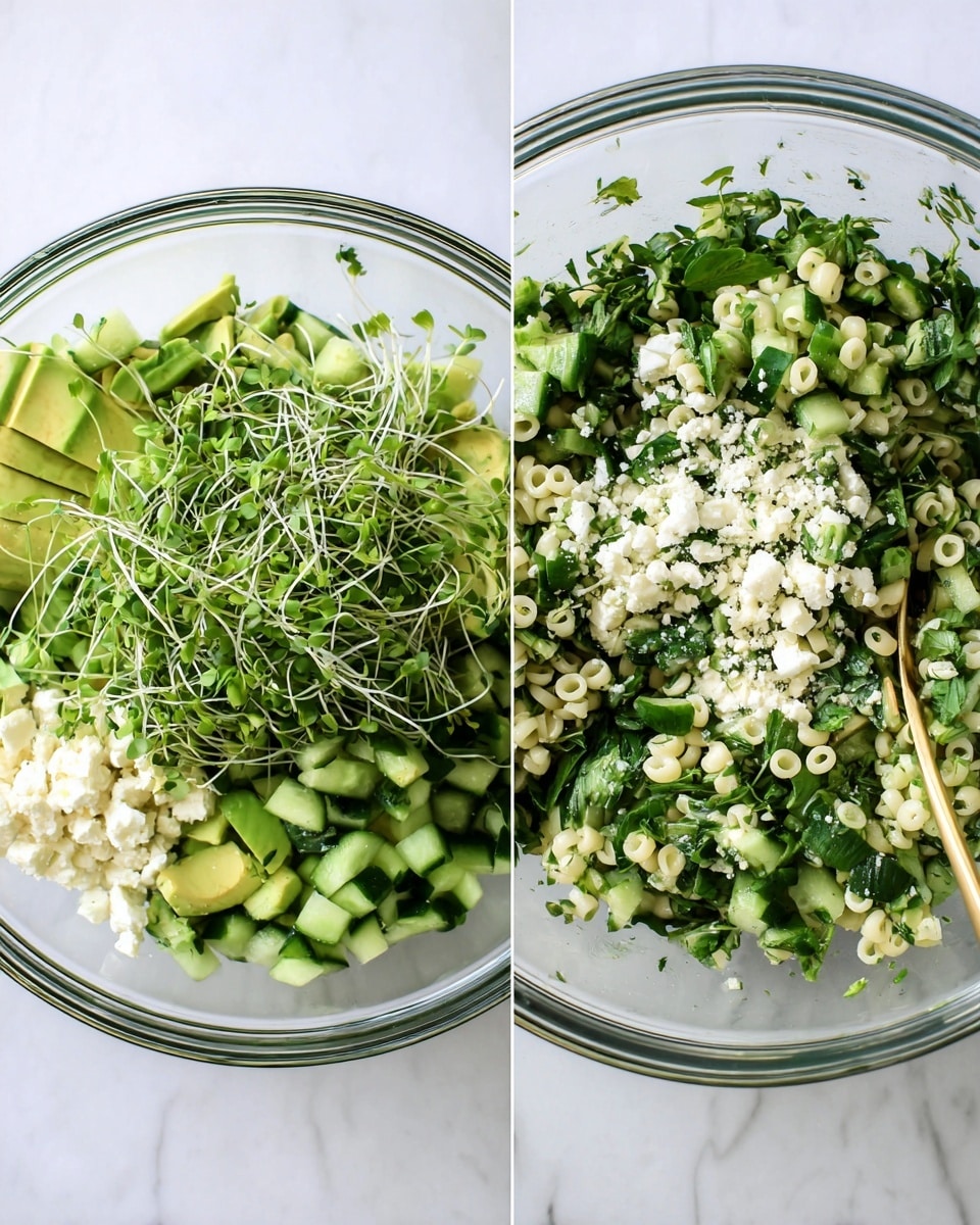 The image shows two clear glass bowls on a white marbled surface, each filled with fresh salad ingredients. The left bowl contains several layers: small green leafy sprouts on top, chunks of light green avocado, chopped dark green herbs, diced cucumber pieces, and scattered white cheese crumbles. The right bowl shows the salad mixed together, with many small round white pasta pearls spread evenly among the green leaves, herbs, avocado chunks, cucumber pieces, and white cheese bits, with a golden spoon placed inside. The colors are fresh and vibrant, mostly different shades of green and white. photo taken with an iphone --ar 4:5 --v 7