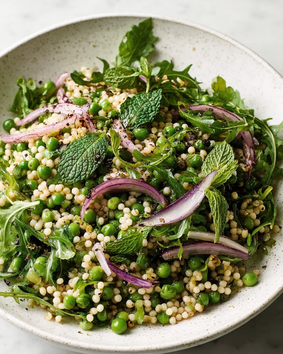 A white speckled bowl holds a fresh salad with several layers: at the base is a mix of small, round, pale couscous grains, scattered evenly throughout the dish; on top of this and mixed in are vibrant green peas and bright green leafy arugula, giving a fresh and textured look; thin, curved slices of purple-red onion are spread across, adding color contrast; a few sprigs of fresh mint leaves are placed on the salad, adding a darker green tone; light sprinkling of cracked black pepper and small bits of seasoning are scattered over the top, enhancing texture; the whole dish sits on a white marbled surface. photo taken with an iphone --ar 4:5 --v 7