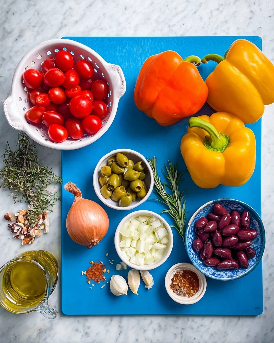 The image shows a bright arrangement of fresh ingredients on a blue cutting board placed on a white marbled surface. There are two whole bell peppers, one orange and one yellow, near the top center. To the left is a small white colander filled with shiny red grape tomatoes. Below the peppers is a large brown onion and four cloves of garlic scattered nearby. Two small white bowls hold sliced dark purple kalamata olives and green sliced olives, with a small pile of nuts and sprigs of rosemary nearby. Small dishes with spices and a glass bottle of olive oil complete the scene, all brightly lit with clear, natural colors. Photo taken with an iphone --ar 4:5 --v 7