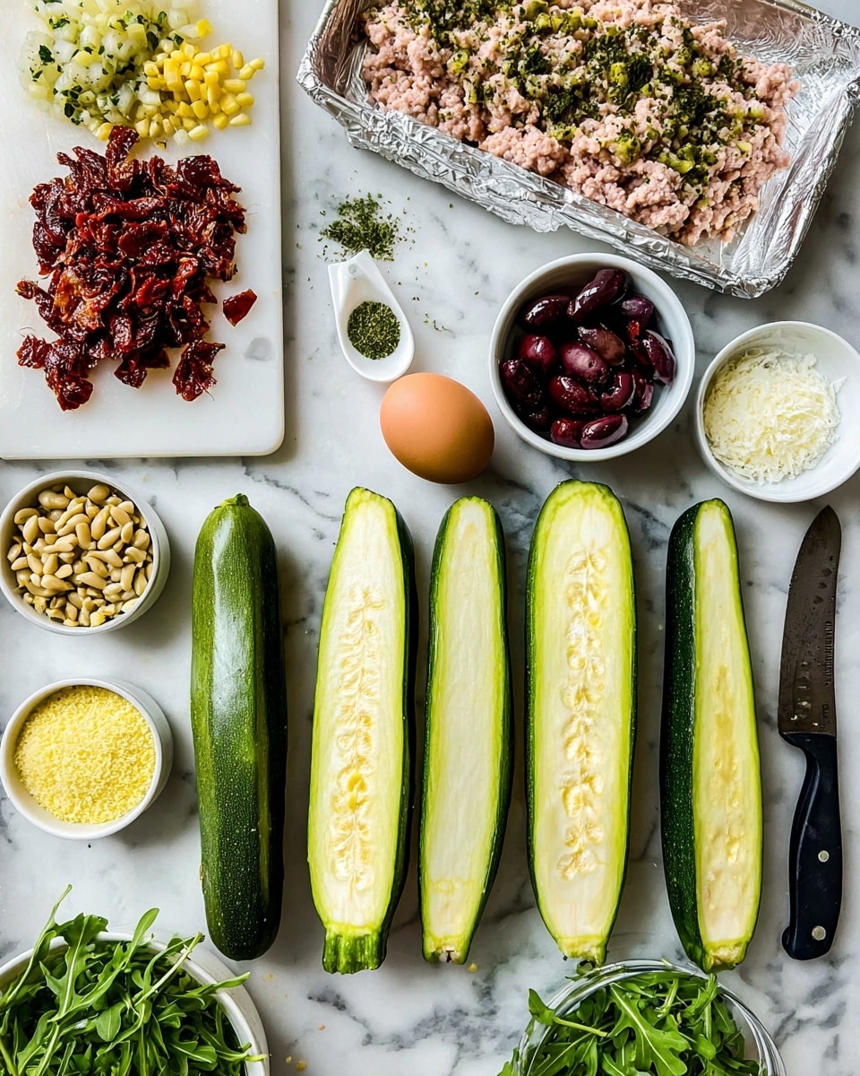 The image shows fresh ingredients for a meal arranged on a white marbled surface. On the right, there are five green zucchinis, each cut in half lengthwise with the seeds scooped out, showing a light green inside. At the top right corner, a foil tray with light pink ground turkey is sprinkled with green dried herbs. To the left of the zucchinis, there is a white cutting board with chopped dark red sun-dried tomatoes and small green herb pieces on top. Next to that, a variety of dark purple and black olives sit near a black knife with a black handle. A single brown egg is placed near a scoop of light yellow cauliflower rice and grated pale cheese in a small white container. At the bottom left, there is a white spoon filled with light yellow pine nuts and arugula leaves scattered between small white bowls holding ground green herbs and white salt. Photo taken with an iphone --ar 4:5 --v 7