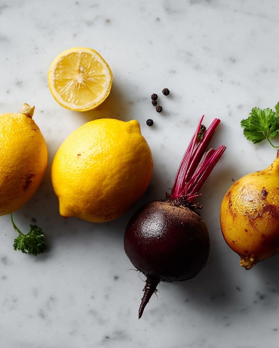 The image shows four whole vegetables and one slice arranged on a white marbled surface. On the left side, there are two whole bright yellow lemons with smooth, slightly shiny skin. Next to them is a single lemon slice showing the juicy, pale yellow inside. Moving right, there is a small green parsley leaf and three scattered black peppercorns. The next two vegetables are beets, placed side by side: one is deep dark red with a smooth and shiny surface, topped with short dark red stems, while the other is golden yellow with some brown spots and topped with short brown stems. Photo taken with an iphone --ar 4:5 --v 7