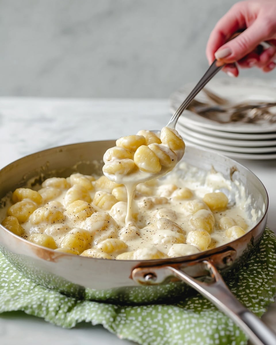 A close-up view of small, soft golden-yellow gnocchi covered evenly in a thick, creamy white sauce with specks of black pepper, all inside a shiny metal pan with a handle on the right side. A silver spoon held by a woman's hand lifts a spoonful of gnocchi and sauce from the pan. The pan rests on a green and white patterned cloth on a white marbled surface, with a blurred white marbled background and stacked white plates and silver forks in the upper right area. photo taken with an iphone --ar 4:5 --v 7