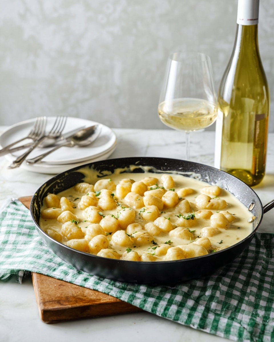 A large black pan holds a creamy dish of small, light golden gnocchi pieces covered in a smooth, pale yellow sauce. The pan is placed on a wooden base beneath a green and white checked cloth on a white marbled surface. In the background, there is a white wine bottle with a white top next to a clear wine glass with a pale golden drink. Beside these, there is a white plate with two silver forks and a spoon placed on it, all set against a white marbled textured wall. photo taken with an iphone --ar 4:5 --v 7