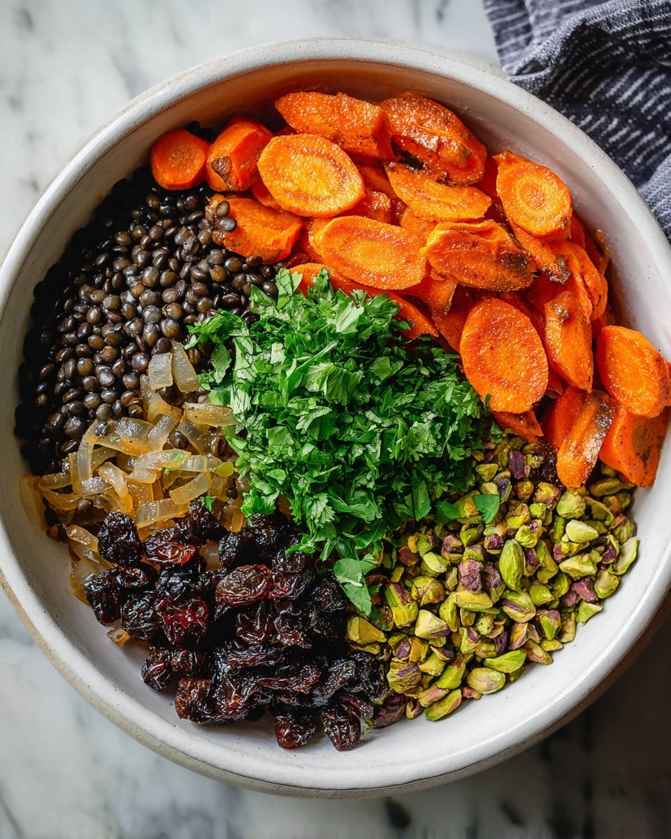 A white bowl sits on a white marbled surface filled with four distinct sections. The top right section has bright orange roasted carrot slices with slight char marks. The top left section contains black lentils showing a firm texture. The bottom right part has a mix of translucent sautéed onions and dark brown dried fruit, possibly raisins. The bottom left section holds roughly chopped light green and brown pistachios. At the center, a pile of fresh green parsley leaves adds a vibrant splash of color. Photo taken with an iphone --ar 4:5 --v 7