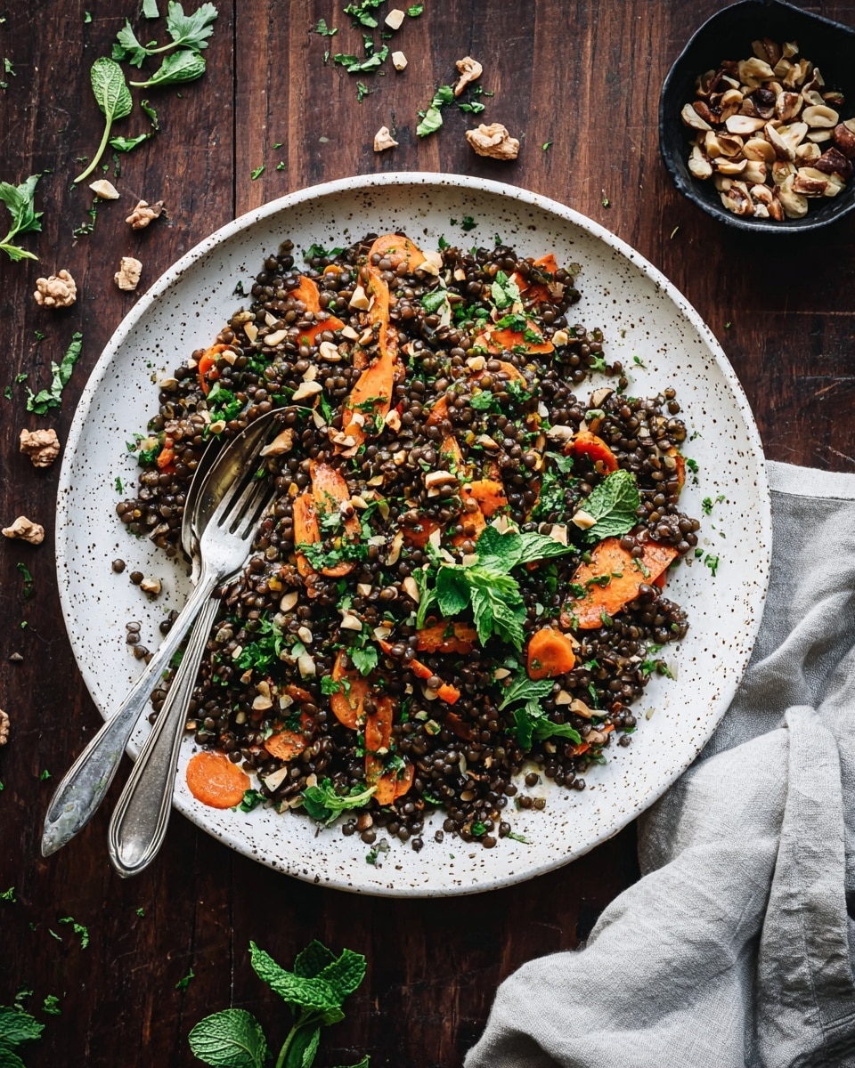 A white speckled plate filled with a salad made of small dark lentils and bright orange carrot slices spread evenly across. Fresh green herbs like mint and parsley leaves are scattered on top, adding a touch of brightness. Small chopped nuts are sprinkled over the dish, adding texture. A silver fork and spoon rest inside the plate on the left side. There is a small black bowl filled with nuts placed on the upper right corner of the scene. The setting is on a dark wooden surface with some loose nuts and herbs around, and a light gray cloth partly seen on the bottom right corner. photo taken with an iphone --ar 4:5 --v 7