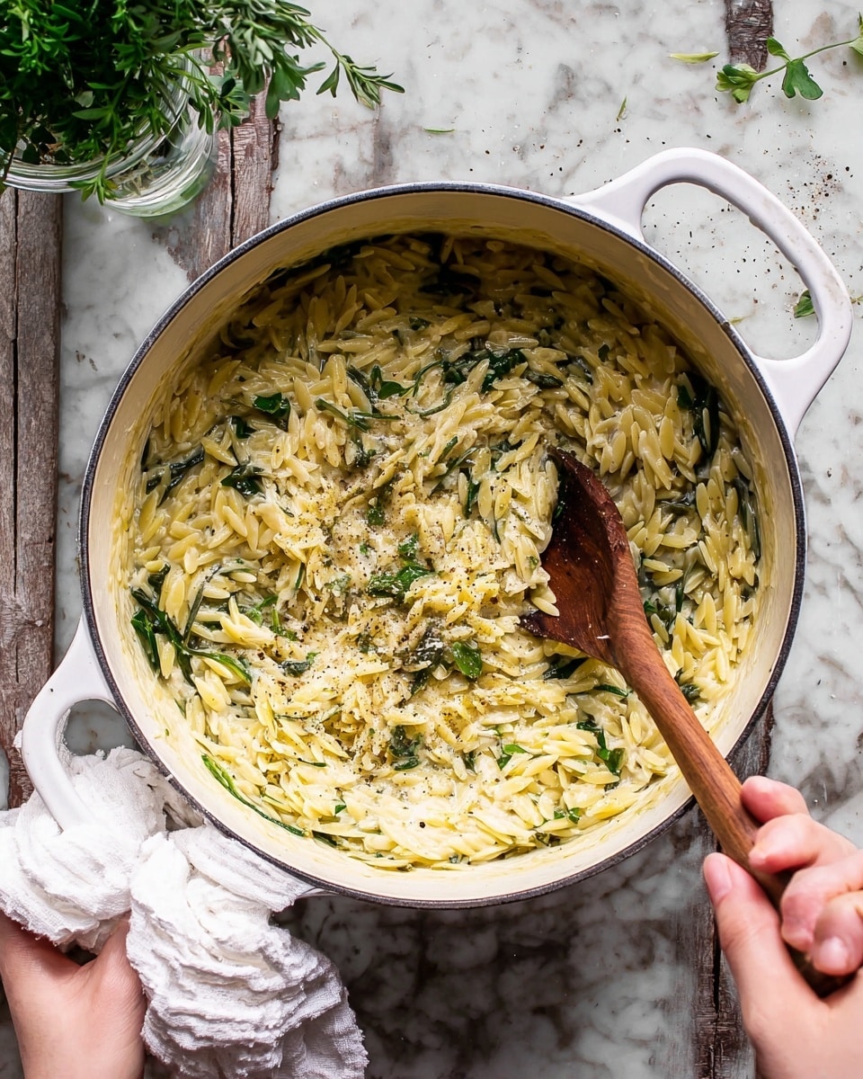 A white pot filled with creamy orzo pasta mixed with green leafy herbs visible as thin strips and small leaves. The pasta has a soft, slightly shiny texture with creamy white and light yellow parts, topped with a sprinkling of black pepper and fresh green herb leaves. A wooden spoon rests inside the pot on the right side, stirring the orzo. A woman's hand is holding the pot’s white handle on the right side, and another woman's hand is holding a white cloth on the left. The pot sits on a white marbled surface, with a small bunch of fresh green herbs in a glass on the upper left side. Photo taken with an iphone --ar 4:5 --v 7