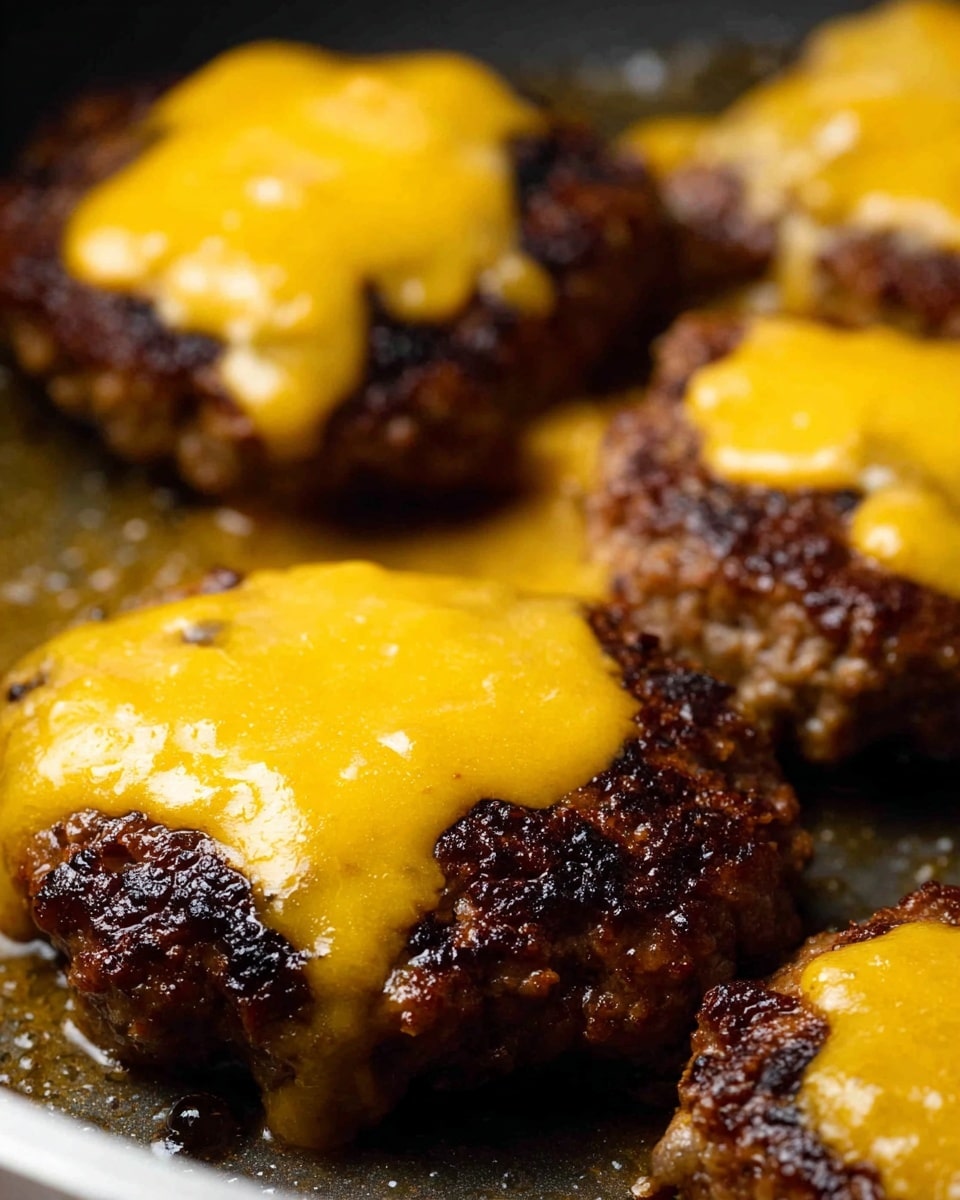 The image shows close-up of several browned burger patties in a pan, each topped with a layer of melted yellow cheese that covers most of the patty but drips slightly over the edges. The patties have a dark brown, textured surface, indicating they are cooked and seared. The pan's surface is visible around the patties with small spots of grease and some melted cheese bubbles. The background has a soft focus, making the patties and cheese the main focus of the image. photo taken with an iphone --ar 4:5 --v 7